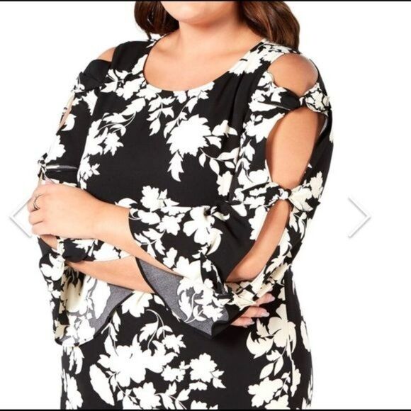 MSK Women Black & White Floral Bow Sleeve Dress Size 16 W - Picture 4 of 12